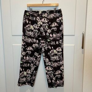 HAROLD'S Women Size 12 Brown Pink Green‎ Parisian Scene Print Cotton Blend Pants
